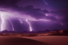 Lightning Discharges In The Night Desert. Sandstorm With Yellow Sand 3D Illustration.