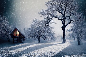 Poster - Village in winter time in mountains, ground under white snow and bare frozen trees 3D illustration.