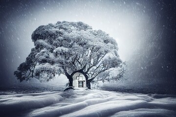 Poster - Winter time in the mountains, the ground under white snow and bare frozen trees in a snowstorm 3D illustration.
