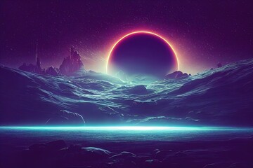 Canvas Print - Fantasy night landscape with a sphere on the horizon in neon light, mountain landscape of an unknown planet 3D illustration.