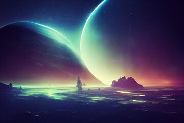 Poster - night landscape with a sphere on the horizon in neon light, mountain landscape of an alien planet 3d