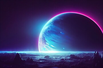 Canvas Print - Fantasy night landscape with a sphere on the horizon in neon light, mountain landscape of an unknown planet 3D illustration.