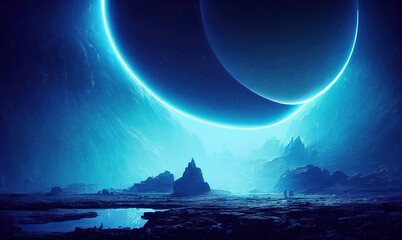 Poster - night landscape with a sphere on the horizon in neon light, mountain landscape of an alien planet 3d