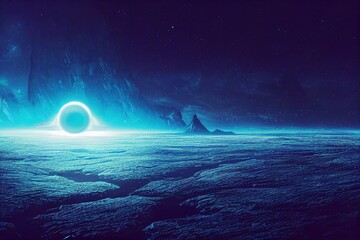 Poster - fantasy night landscape with a sphere on the horizon in neon light, mountain landscape of an unknown