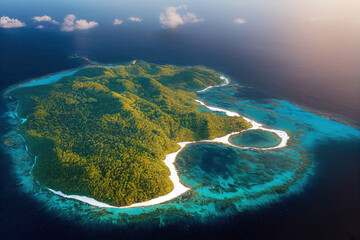 Aufkleber - Island in the ocean, blue water washes the shores with yellow sand 3D illustration.