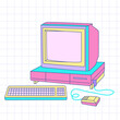Retrowave y2k pc. An old computer with a CRT monitor on a grid background