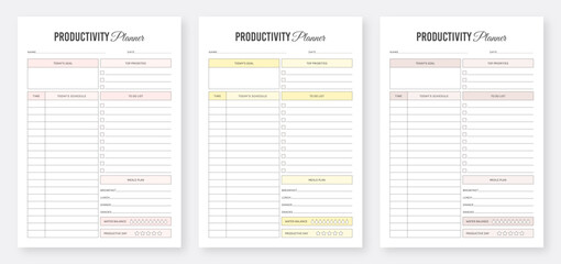 Wall Mural - Daily Productivity Planner Template. Daily planner template design. Printable Productivity Planner. Modern Planner Template Set. Life and Business planner. Organizer & Schedule Planner. Planner Bundle