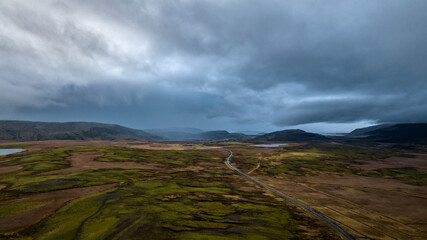  aerial view on iceland road with moss and mountains