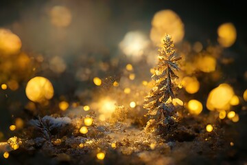 Wall Mural - Golden glitter festive background with Christmas tree