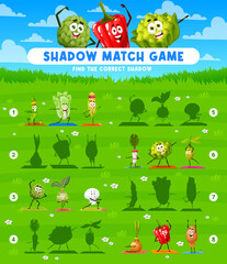 Poster - Shadow match game worksheet, cartoon vegetables on yoga fitness. Kids vector riddle with bean pod, chinese cabbage, corn or artichoke, kohlrabi, champignon or radish. Potato, bell pepper, olive, onion