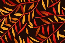 Red And Gold Leaves Seamless Pattern On Black Background.