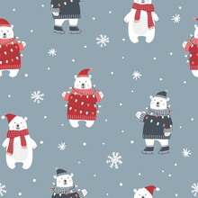 Christmas Seamless Pattern With Polar Bear And Snowflakes On Blue Background. Flat Style.