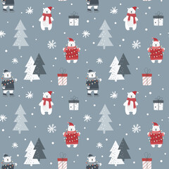 Wall Mural - Christmas seamless pattern with polar bear and snowflakes. Flat style.