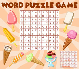 Canvas Print - Ice cream desserts, word search puzzle game worksheet, vector kids quiz. Riddle grid to search and find words in grid, ice cream sweet food, sorbet gelato and soft icecream scoop in wafer cone