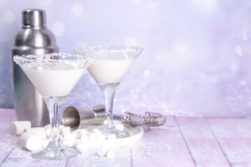 Cottontail Martini, sweet cute white martini alcohol cocktail, with marshmallow, marshmallow flakes