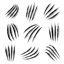 Bear And Tiger Claw Mark Scratches. Monster Animal Attack Damage Realistic Traces, Wild Cat Strike Or Slash Realistic Vector Marks, Werewolf Ir Dragon Beast Claws Cut Isolated Holes On Wall