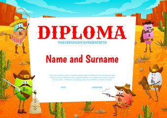 Sticker - Kids diploma, cartoon western vitamin A and B cowboy, bandit and sheriff characters. Vector Wild West personages on certificate diploma or award of school graduation in Texas desert landscape