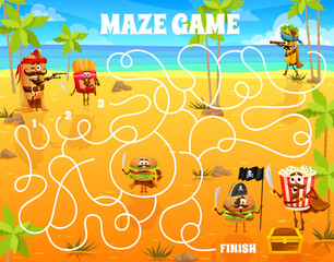 Wall Mural - Labyrinth maze game cartoon pirates and captain fastfood characters on treasure island. Kids vector quiz worksheet. Funny urger, hot dog, french fries, pop corn and burrito finding a treasure chest