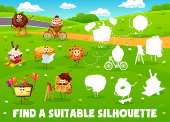 Poster - Find a suitable silhouette of cartoon desserts, sweets, cookie and cake characters. Kids puzzle, child intelligence playing activity or riddle vector worksheet with funny donut, pancake and waffle