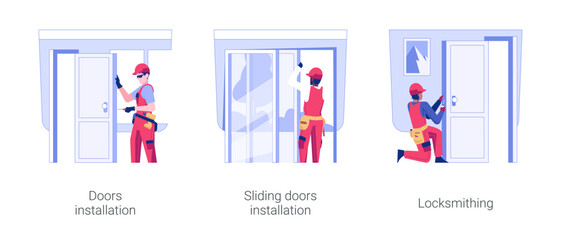 Poster - Door service isolated concept vector illustration set. Doors installation, sliding door in new apartment, locksmithing service, interior works in private house building vector cartoon.