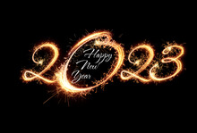 2023 Holiday Festive Background Light Writing Golden Text On Black Backdrop. Hand Written Lettering With Bright Star.