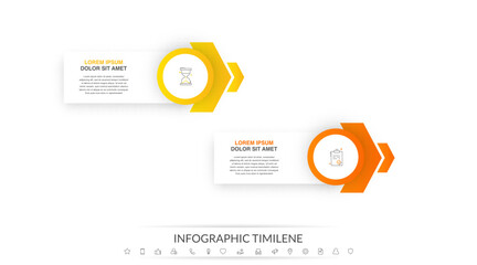 Vector modern infographic with 2 circles and arrows. 3D concept graphic process template with two steps and icons. Timeline for the business project on white background