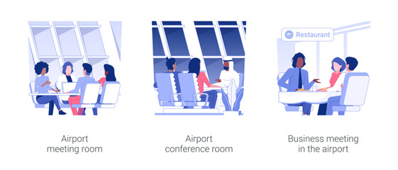 Poster - Business meeting in the airport isolated concept vector illustration set. Airport meeting room, conference hall, business class travel, partners meeting and negotiations vector cartoon.
