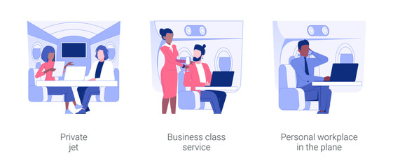 Poster - Business travel by plane isolated concept vector illustration set. Private jet, business class service, personal workplace in the plane, working luxury trip, vip passenger vector cartoon.
