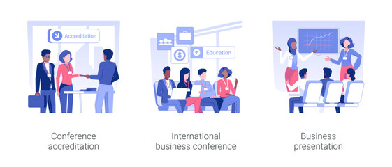 Poster - International business conference isolated concept vector illustration set. Conference accreditation, international exhibition, business presentation, work trip, negotiation vector cartoon.