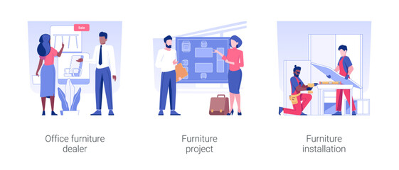 Poster - Furniture dealership business isolated concept vector illustration set. Office furniture dealer, room renovation project, table assembling and installation, distributor agreement vector cartoon.