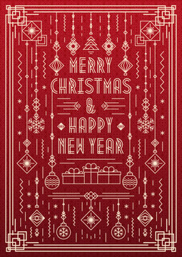 Merry Christmas and Happy New Year poster for party with toy art deco line style gold color on black background for flyer, greeting card, invitation. Vector Illustration