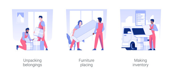 Poster - Full service moving company isolated concept vector illustration set. Unpacking belongings, furniture placing, making inventory, couriers delivery services, real estate business vector cartoon.