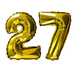 Poster - 27 Golden number helium balloons isolated background. Realistic foil and latex balloons. design elements for party, event, birthday, anniversary and wedding.