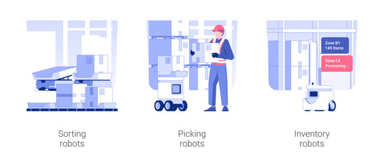 Poster - Autonomous mobile robots isolated concept vector illustration set. Sorting and picking robots, inventory technology in retail store, unit load, wholesale and warehousing business vector cartoon.