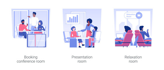 Poster - Office facilities isolated concept vector illustration set. Booking conference room, presentation and relaxation zone, office life, teamwork organization at workplace vector cartoon.