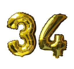 Poster - 34 Golden number helium balloons isolated background. Realistic foil and latex balloons. design elements for party, event, birthday, anniversary and wedding.
