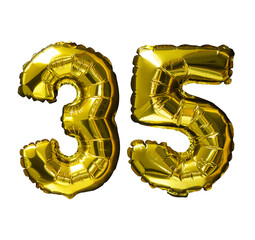 Poster - 35 Golden number helium balloons isolated background. Realistic foil and latex balloons. design elements for party, event, birthday, anniversary and wedding.