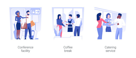 Poster - Event services isolated concept vector illustration set. Conference facility, coffee break, catering service, greeting guest, business travel, hotel service, accommodation facility vector cartoon.