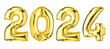 New Year 2024 celebration. Helium balloon. Golden Yellow foil color. Numbers Two 2, four 4, Zero 0. Good for Party, greeting card, Advertising, Anniversary. Isolated white background. High resolution