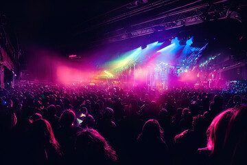 crowd in concert or party, lights and stage in the background