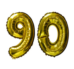 Poster - 90 Golden number helium balloons isolated background. Realistic foil and latex balloons. design elements for party, event, birthday, anniversary and wedding.