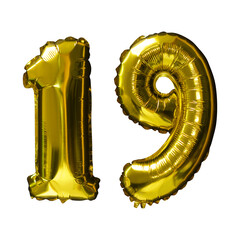Poster - 19 Golden number helium balloons isolated background. Realistic foil and latex balloons. design elements for party, event, birthday, anniversary and wedding.