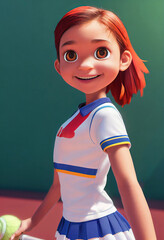 Wall Mural - red short hair beautiful generic teen girl character portrait in tennis outfit, digital painting in 3D cartoon movies style