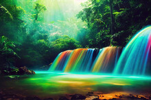 Waterfall In The Jungle, Beautiful Rainbow In The Mist, Forest Landscape Background