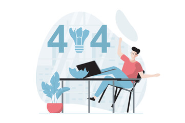 Poster - Page not found concept with people scene in flat design. Upset man tries to connection to site and failed, internet disconnecting in laptop. Vector illustration with character situation for web
