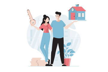 Poster - Real estate concept with people scene in flat design. Man and woman holding keys to new house, invest money in dwelling, happy family moving. Vector illustration with character situation for web