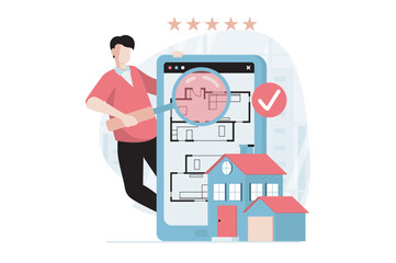 Poster - Real estate concept with people scene in flat design. Man with magnifier studies house blueprint plan in mobile app before choosing and buying. Vector illustration with character situation for web