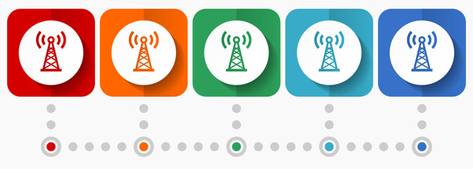 Aufkleber - Antenna, network vector icons, infographic template, set of flat design symbols in 5 color options