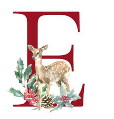 Christmas alphabet illustration, watercolor RED letter E. Woodland winter forest animal,stag, fawn, poinsettia, holly berry. Floral animal alphabet for holiday greeting card, invite,monogram diy