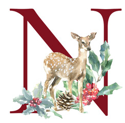 Christmas alphabet illustration, watercolor RED letter N. Woodland winter forest animal,stag, fawn, poinsettia, holly berry. Floral animal alphabet for holiday greeting card, invite,monogram diy